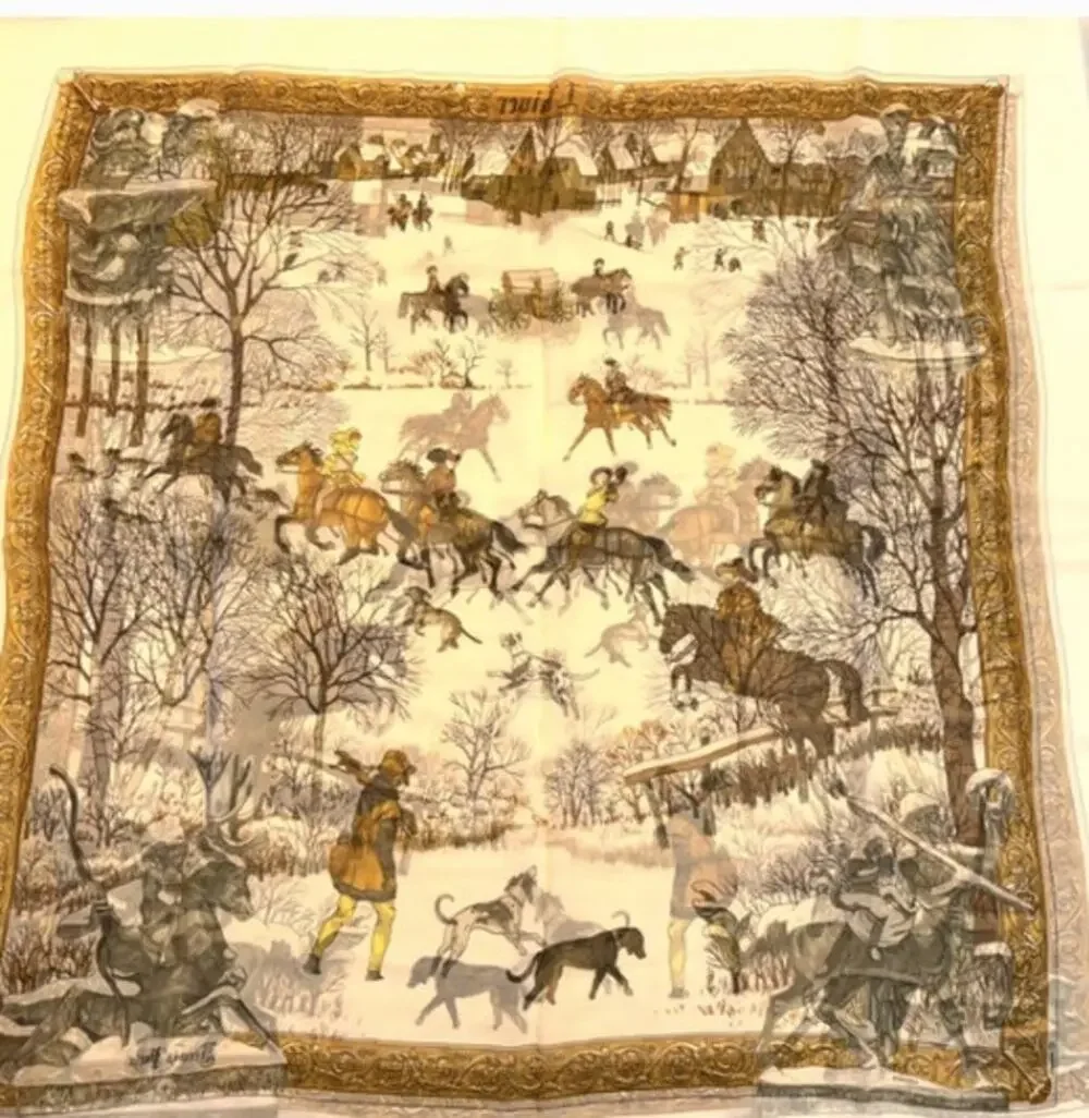 Hermes Extremely Rare 100% Silk Mirrored Image Hunt Scene Sheer Large Cape Shaw